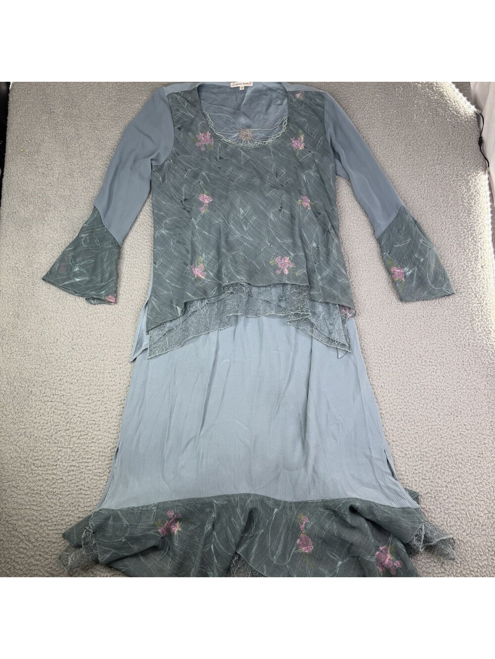Spencer Alexis Blue Sheer Skirt Set Sz 8 Ruffled Boho Embroidered Fairy Whimsy